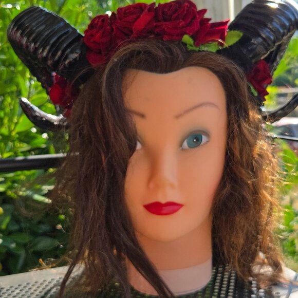 Sold - Sheep Horn Floral Hair Band Halloween Gothic Costume Headband Cosplay - Picture 2 of 14